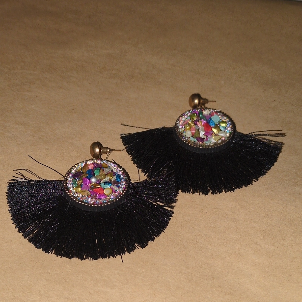 Black and Multicolor Fringe Earrings